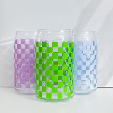 Load image into Gallery viewer, picture of blue green and lilac checker patterned glass cups
