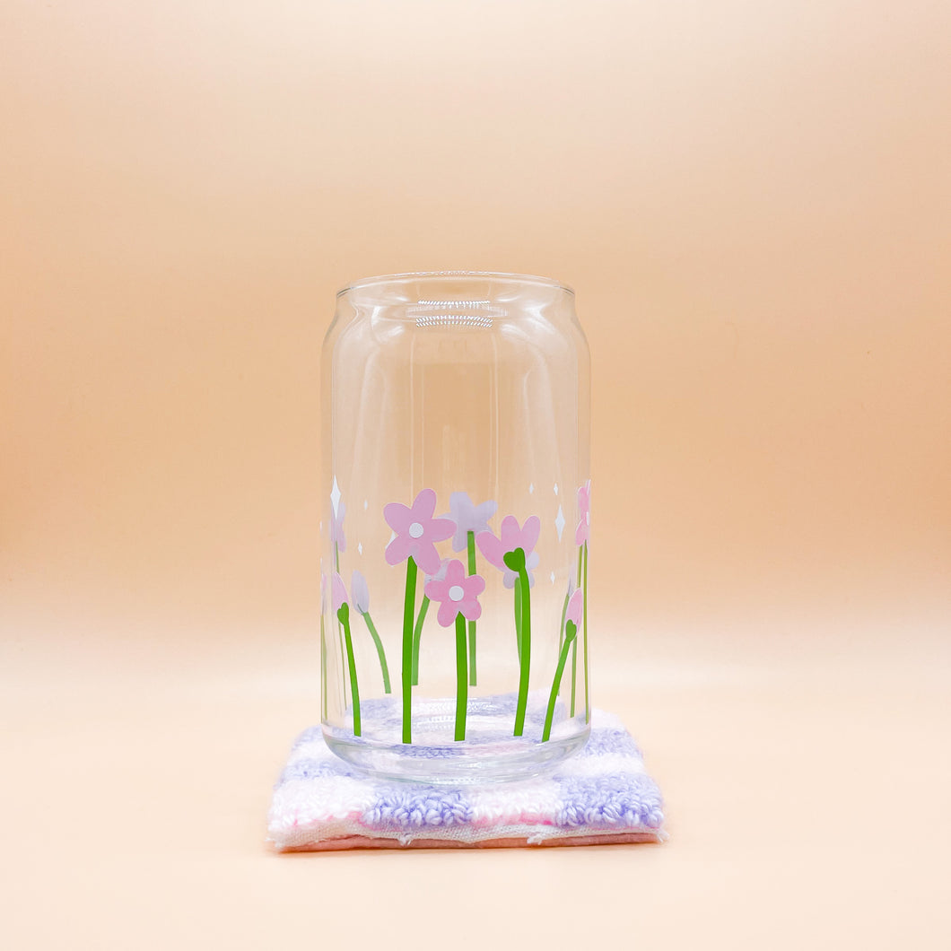 Flower Field Can Glass Cup (Lid and Straw not included)