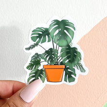 Load image into Gallery viewer, Monstera Plant pot sticker with white and pink background
