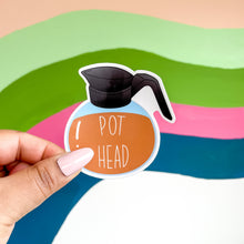 Load image into Gallery viewer, Pot head coffee pot sticker with colorful background
