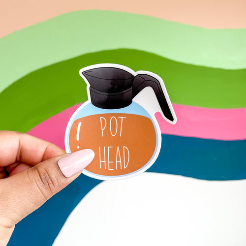 Pot head coffee pot sticker with colorful background