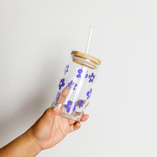 Load image into Gallery viewer, Purple flower glass cup with lid and straw
