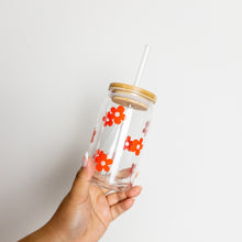 Load image into Gallery viewer, Red flower glass cup with lid and straw
