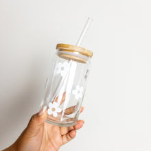 Load image into Gallery viewer, White flower glass cup with lid and straw
