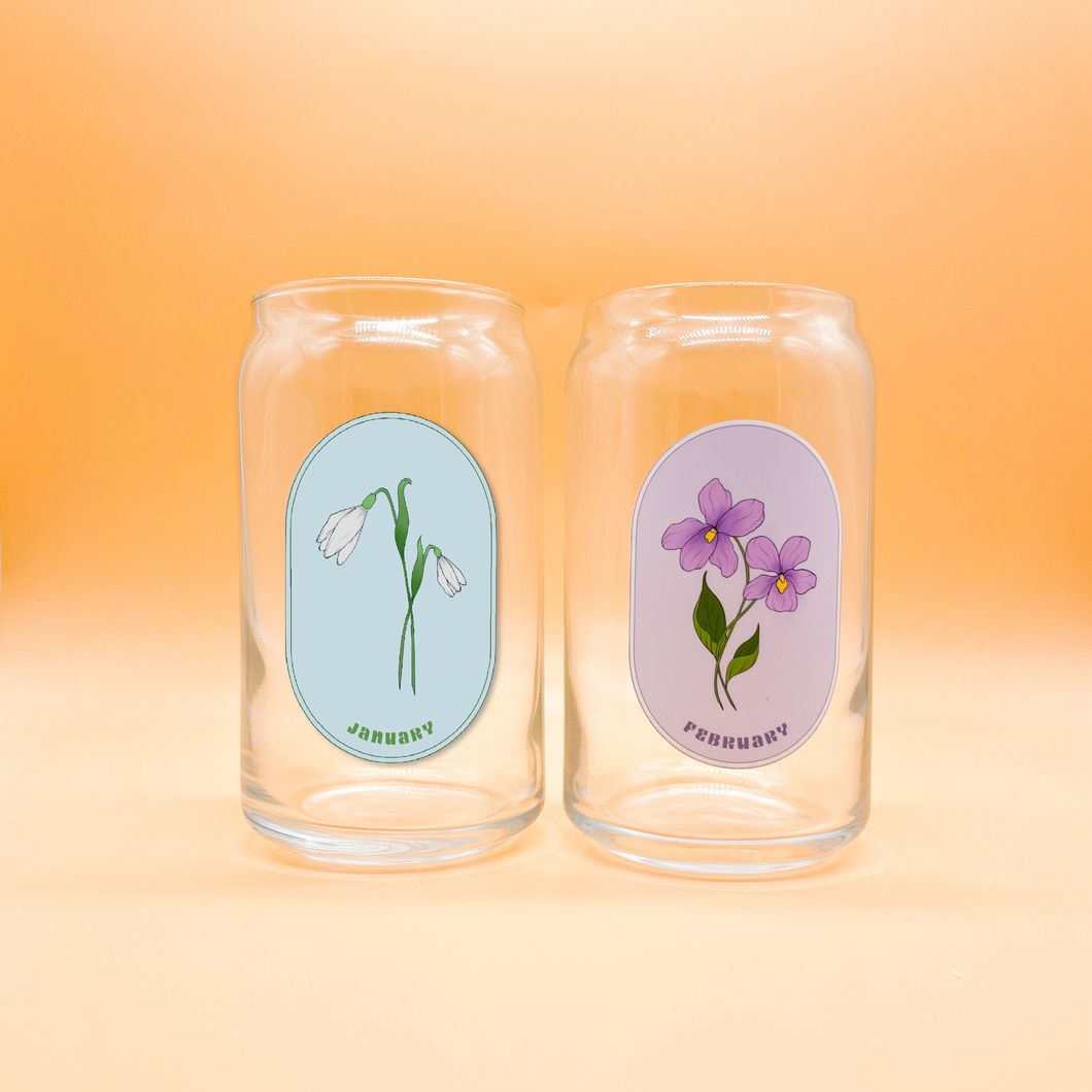 Birth Month Flowers Can Glass Cup (Lid and Straw not included)