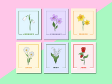 Load image into Gallery viewer, Birth month flower prints displayed one next to the other, each in their own color. January february march april may june
