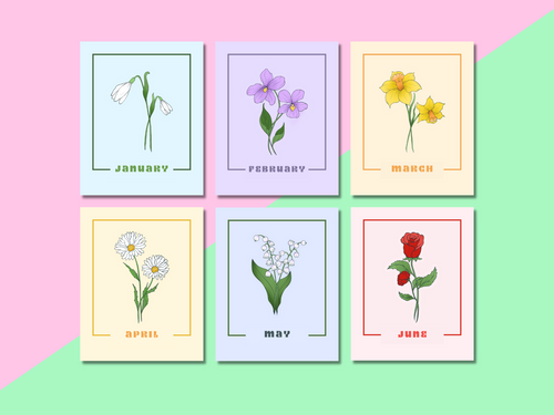Birth month flower prints displayed one next to the other, each in their own color. January february march april may june