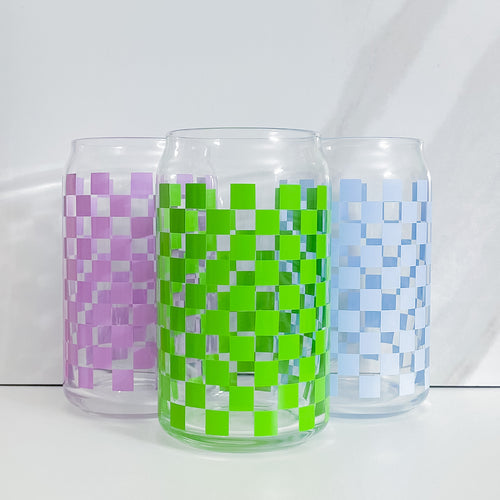 picture of blue green and lilac checker patterned glass cups