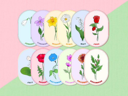 The Birth Month Flower Stickers grouped together on one page