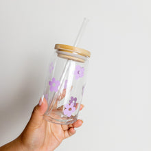 Load image into Gallery viewer, Lilac flower glass cup with lid and straw
