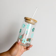 Load image into Gallery viewer, Mint Green Flower glass cup with lids and straw
