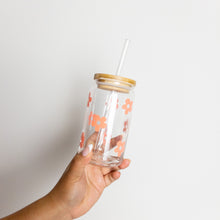 Load image into Gallery viewer, Peach flower glass cup with lid and straw
