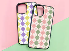 Load image into Gallery viewer, 2 diamond pattern phonecases for iPhone or Samsung. On the left in the popcorn color and on the right in the strawberry matcha color
