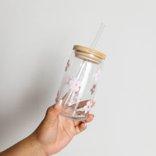 Load image into Gallery viewer, Pink flower glass cup with lid and straw
