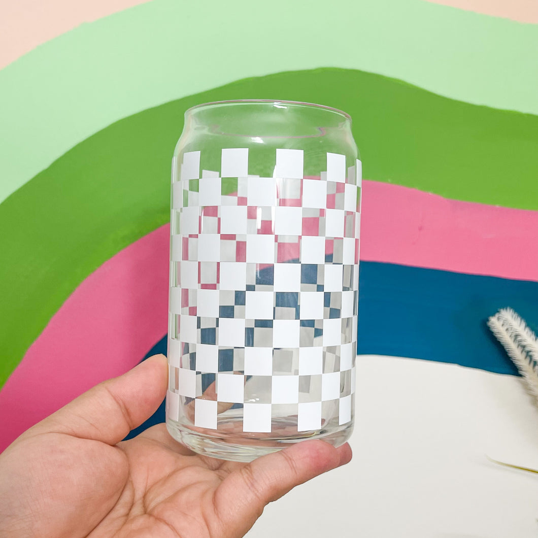white disco checker design beer can glass cup